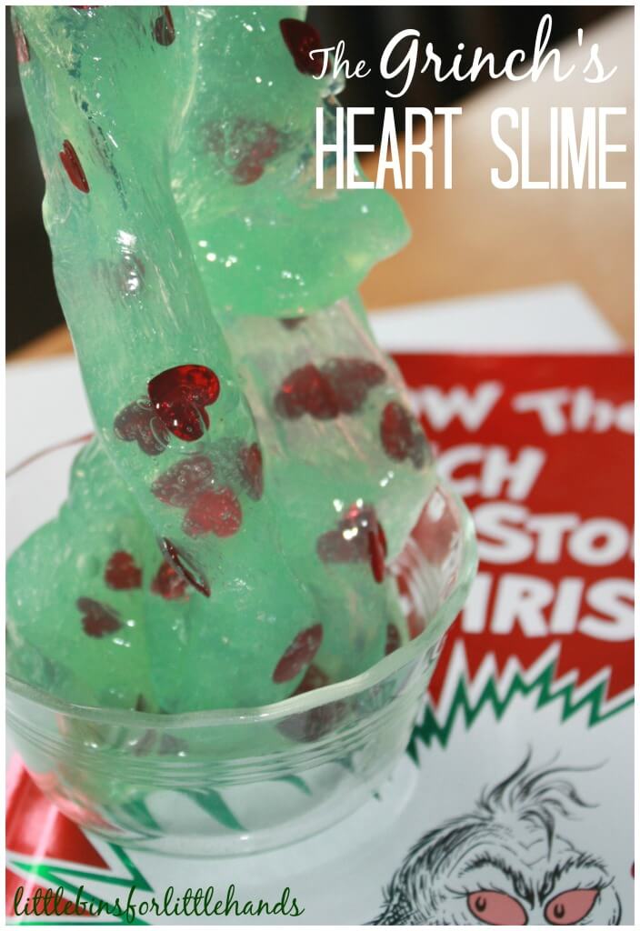 Grinch Slime Heart Slime Book and sensory play activity for kids