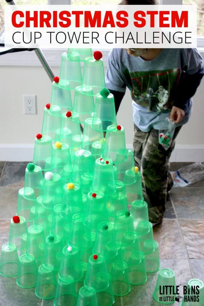 Christmas Cup Tower STEM Challenge to build a Christmas tree