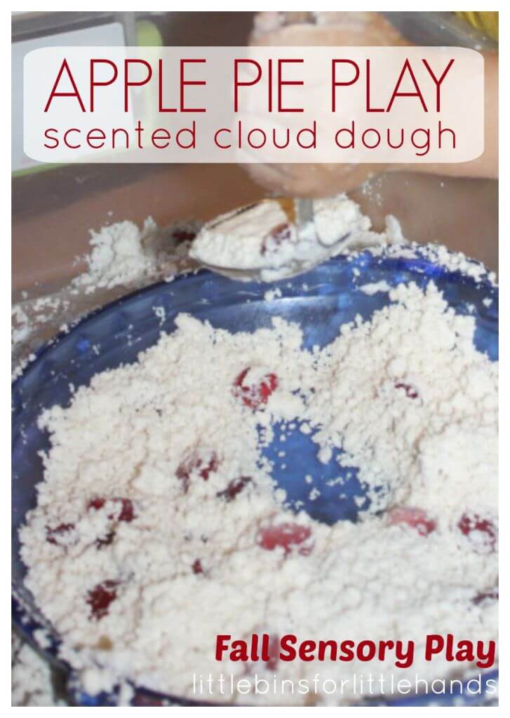 You will surely want to dig your hands into this! Cloud dough is an awesome and simple sensory play recipe that is quick to whip up! Our apple pie sensory play activity is also taste safe! Cloud dough is quick sensory play and all the supplies are in your kitchen! I love the smells associated with Fall. Adding spices to sensory play is a great way to engage multiple senses at once. SCENTED APPLE PIE SENSORY PLAY & HOMEMADE CLOUD DOUGH