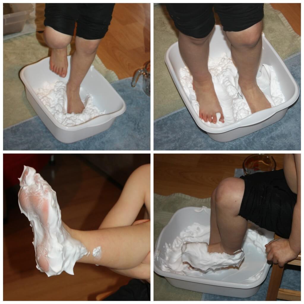 feet sensory play shaving cream