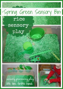 green colored rice sensory bin