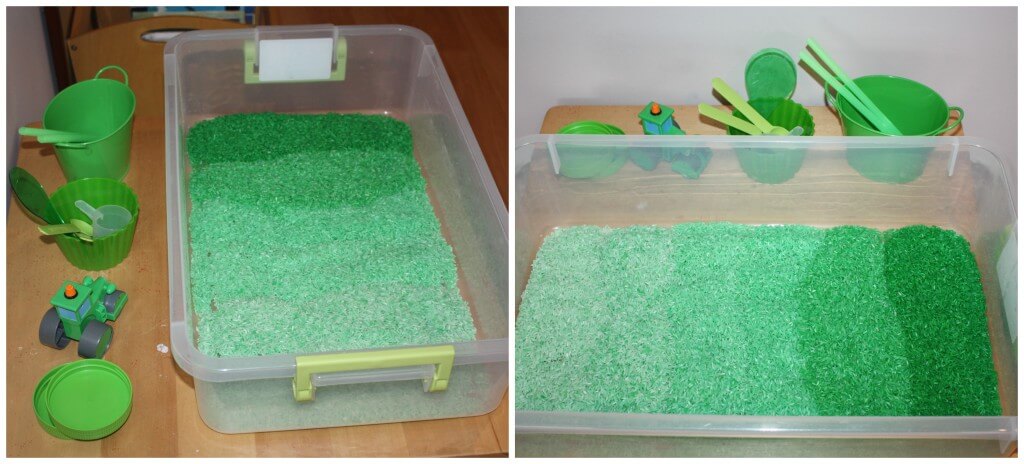 green rice sensory bin set up