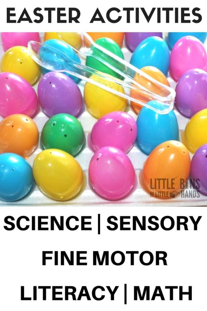 Easter early learning activities and science ideas that also include fine motor skills, math, literacy, and sensory play