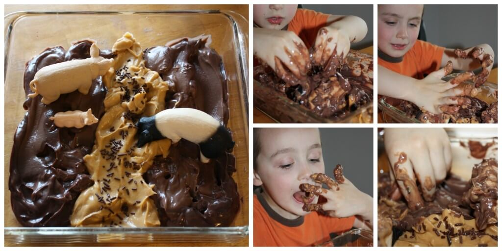 messy sensory play experiment pigs in pudding