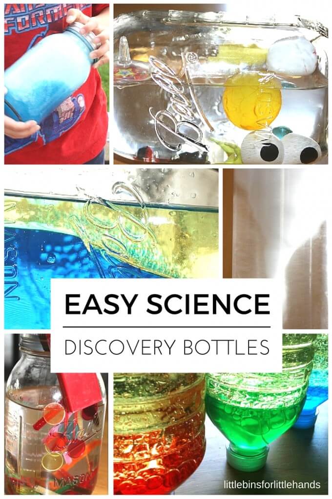 Science discovery bottles for kids that explore the ocean, density, magnetism, tornados, bubbles, and more science ideas.