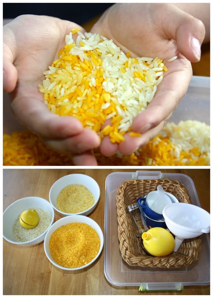 lemon scented rice sensory bin set up