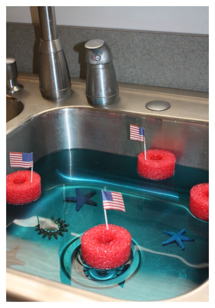 red white blue sensory sink pool noodle boats