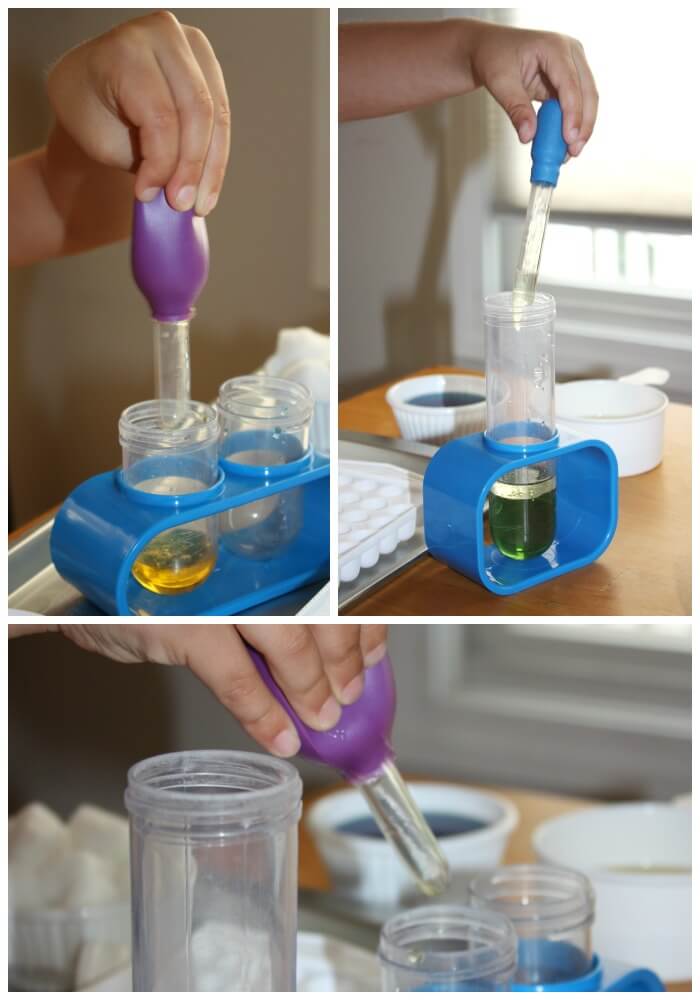 eye dropper fine motor activities mixing colors and adding oil density experiment