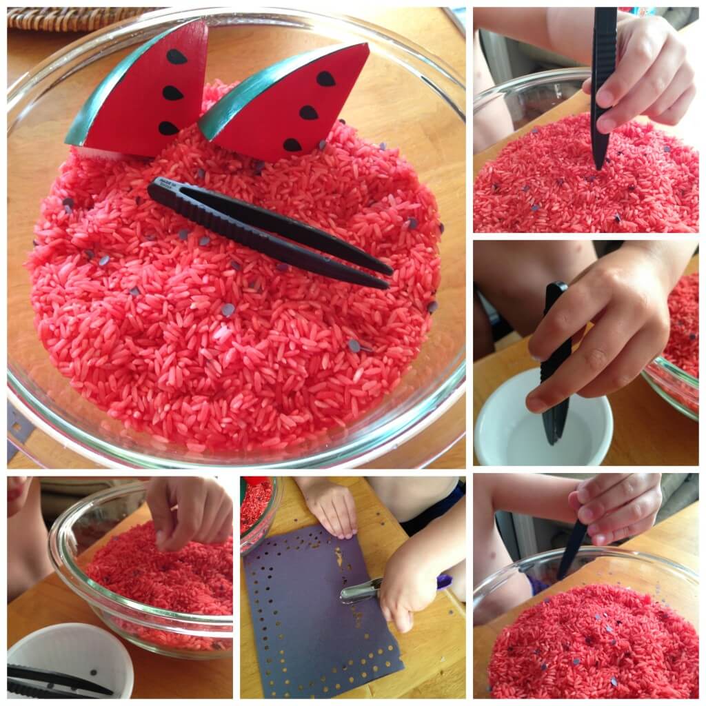 watermelon fine motor rice and paper seed tweezer sensory play