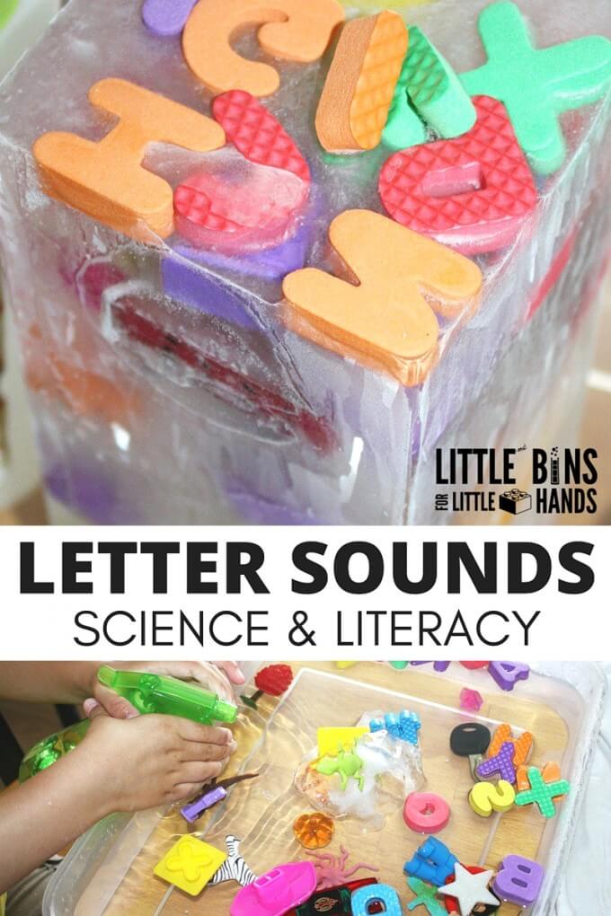 Letter Sounds Activity and Ice Melt Experiment for kids preschool literacy and science ideas
