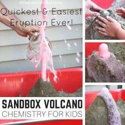 Build a sandbox volcano for baking soda science and chemistry! Sand box science for kids outdoor STEM activities.