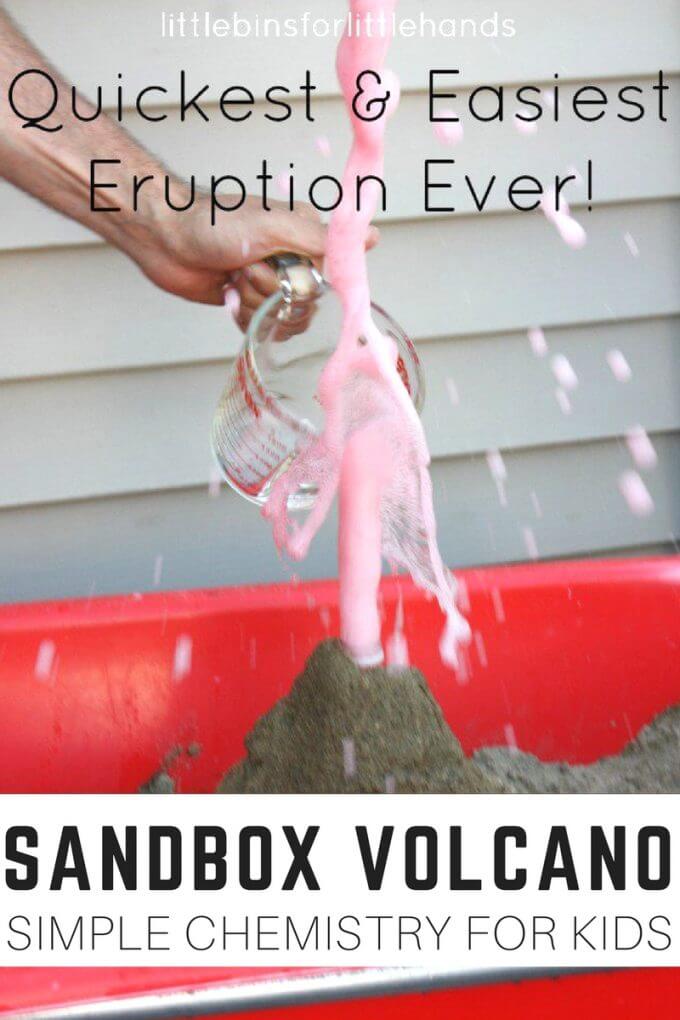 Simple sandbox volcano for a kids chemistry activity and demonstration. Baking soda science with a volcano in the sand box. Great outdoor STEM and science for preschool, kindergarten, and early elementary age kids. All the best science experiments and activities for kids here!