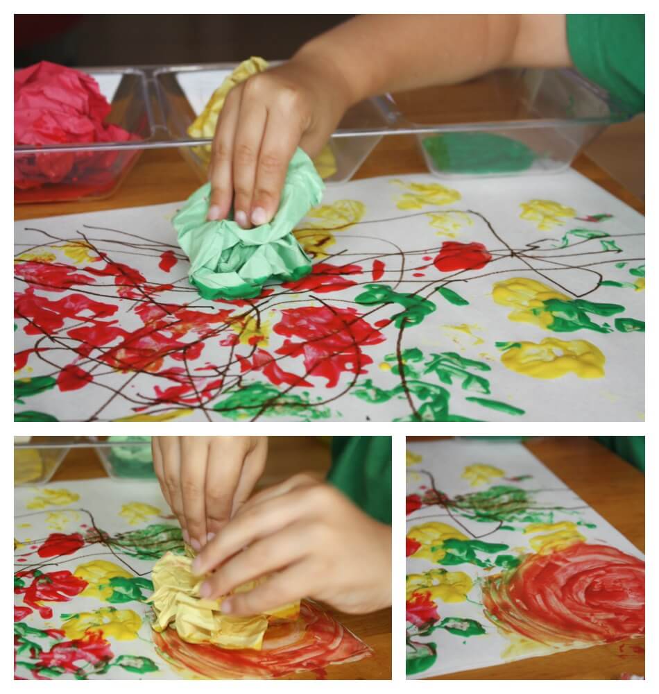 fall painting activity for kids using hands and crumpled paper
