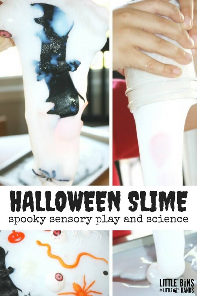 Our Halloween slime is perfect for Halloween play! I Love all the great science and sensory play options for Fall and Halloween! We have our favorite Bat Slime and Slime in a Pumpkin. Since we love slime so much, we have to very simple and quick recipes that will produce awesome slime every time. Not only is slime an amazing sensory play material, it's also a great science lesson. Learn how to make homemade slime in 5 minutes, and you will want to make it all year round! EASY TO MAKE HALLOWEEN SLIME