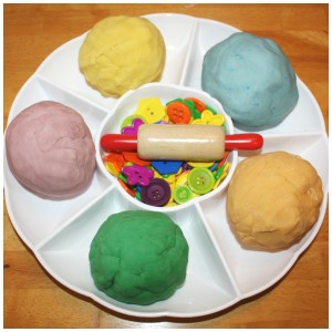 Color sorting and matching buttons and play dough