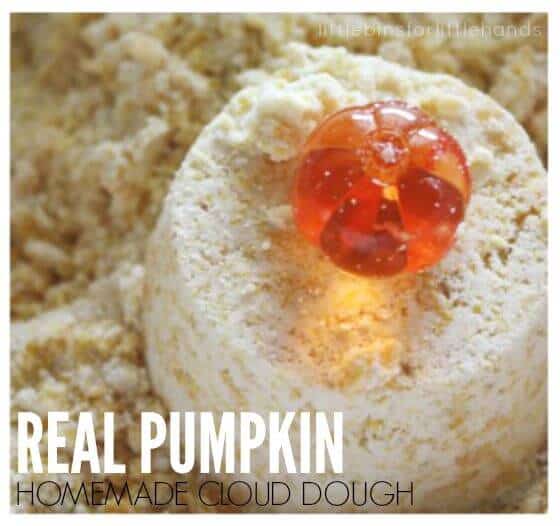 Pumpkin Homemade Cloud Dough Recipe 3 Ingredient taste safe Fall sensory play