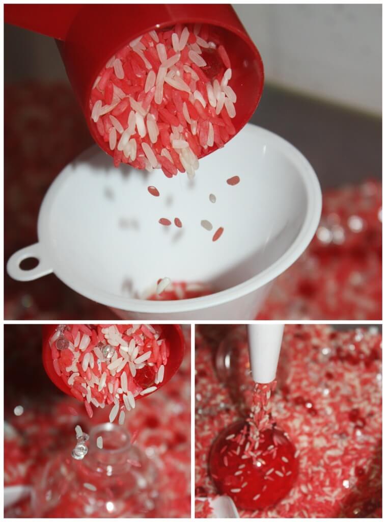 Candy Cane Sensory Play Funnels Scoops Filling Ornaments Rice Sensory Bin