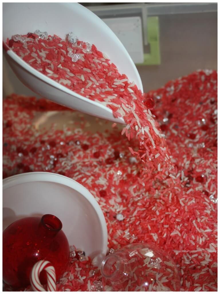 Candy Cane Sensory Rice Sensory Bin Scooping and Pouring Sensory Play