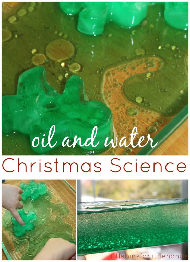 Christmas Oil and Water Science Activity with ice melting science