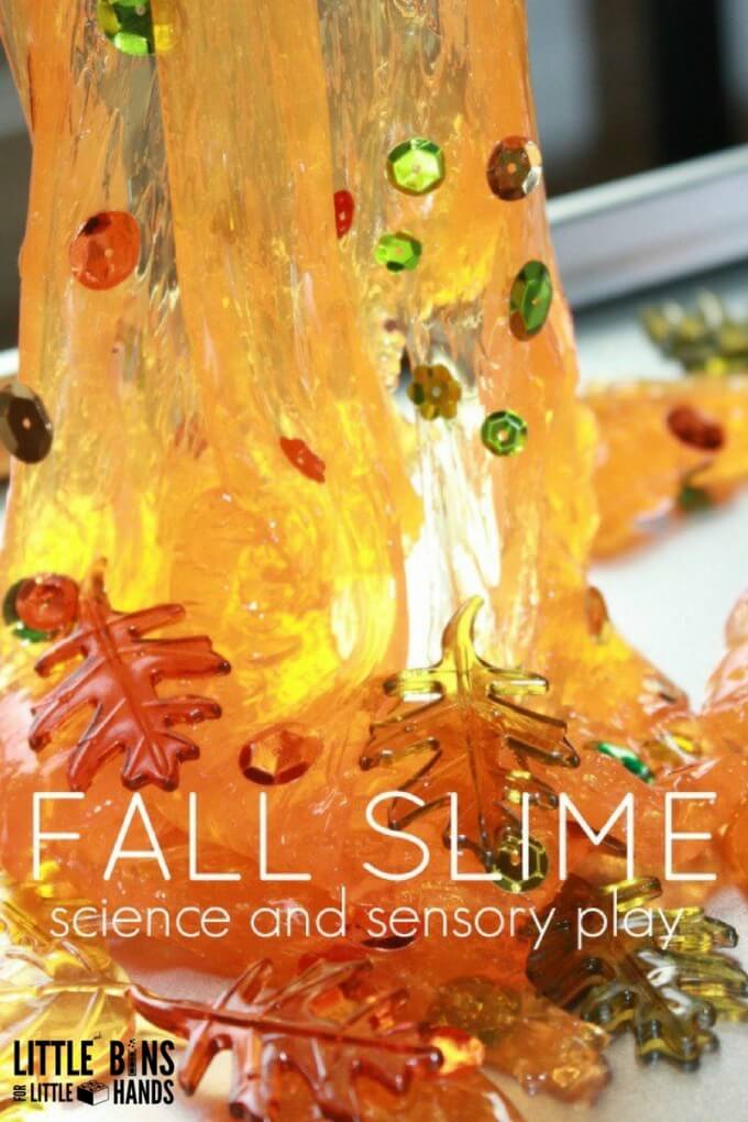 Our Fall slime recipe is perfect science and sensory play when the leaves begin to change color. Slime is fun and easy to make. Enjoy as is, or dress it up for the season or holiday like our fall themed slime. Kids love slime and adults do too! We have made our simple slime recipe over and over again. Fall science is easy to do with young kids. Make sure to check out all our great fall science and STEM ideas! EASY TO MAKE FALL SLIME RECIPE FOR KIDS