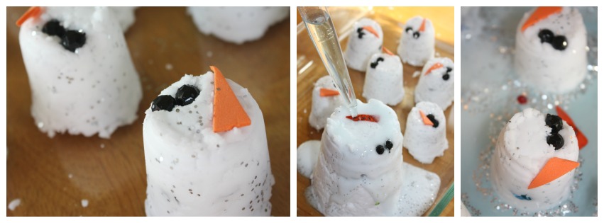 Snowman baking soda science activity melting snowman sensory play