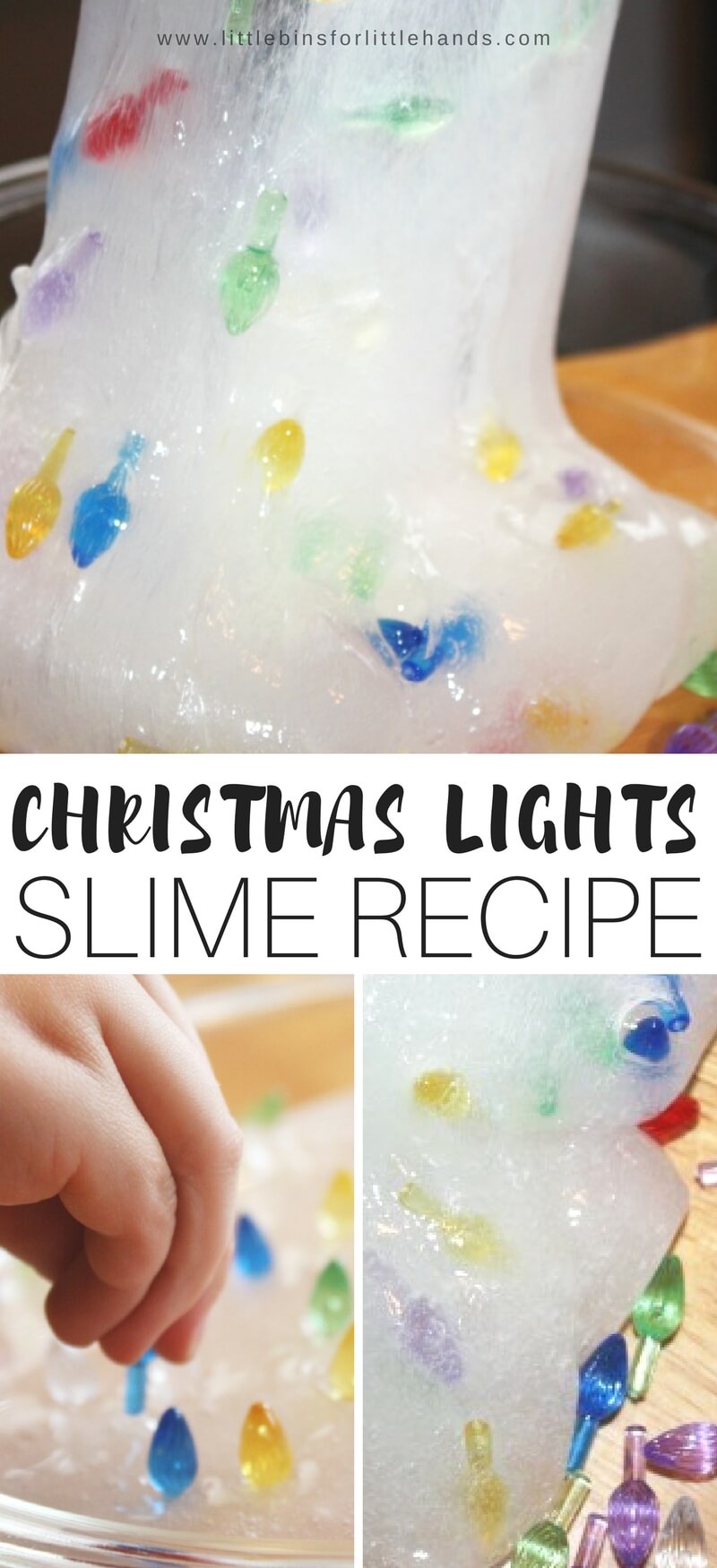 A simple Christmas slime recipe featuring mini plastic lights! Make our homemade Christmas lights slime recipe in a snap using one of our basic homemade slime recipes including our liquid starch slime, saline solution slime, or borax slime recipe for instant slime. Add fun items like these mini lights and kids can work on fine motor skills too. Making slime is awesome kids science and an easy chemistry demonstration. Plus slime making is awesome tactile sensory play that kids love. 