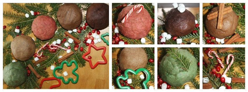 Christmas no cook dough sensory play candy cane chocolate vanilla cinnamon gingerbread
