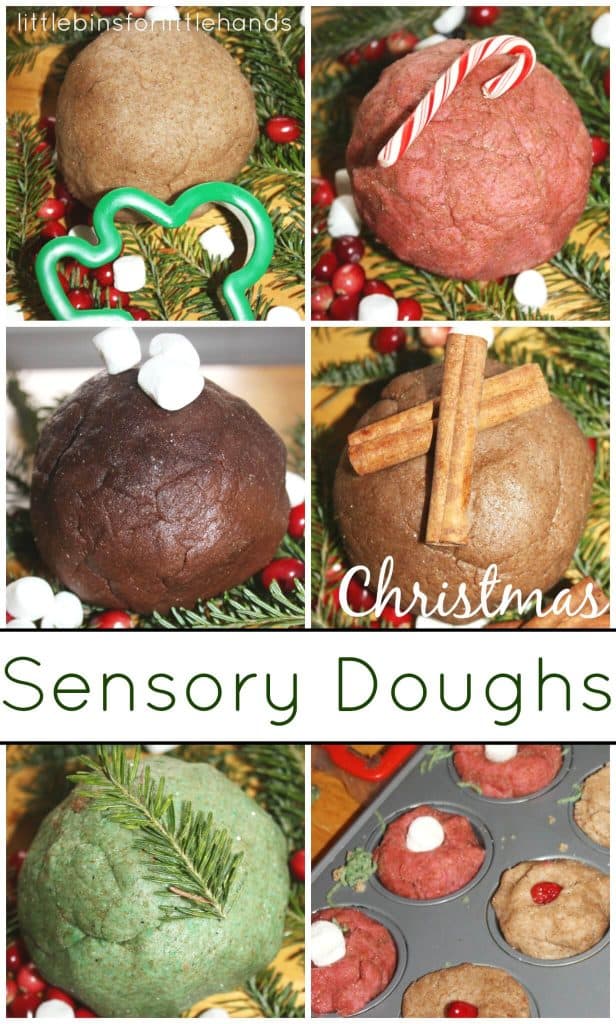 Christmas no cook dough sensory play recipes for holiday doughs peppermint chocolate vanilla cinnamon gingerbread