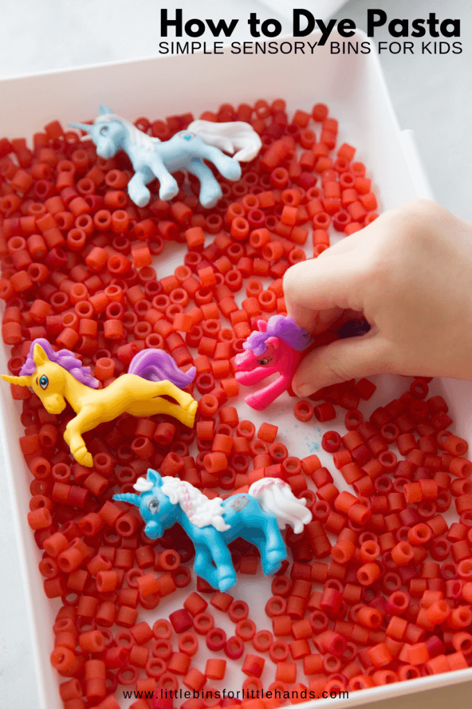 How to color pasta for sensory play bins. Dyes pasta easily and create a fun sensory bin theme!