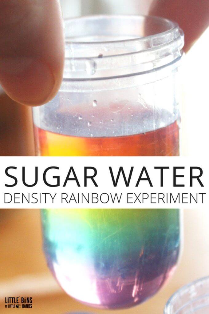 Make a rainbow sugar water density tower with a few common ingredients. This colorful sugar water density activity is fun for science experiement for kids!