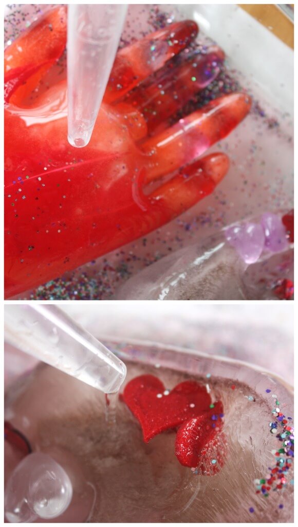 Valentines frozen hands ice melting activity with turkey basters