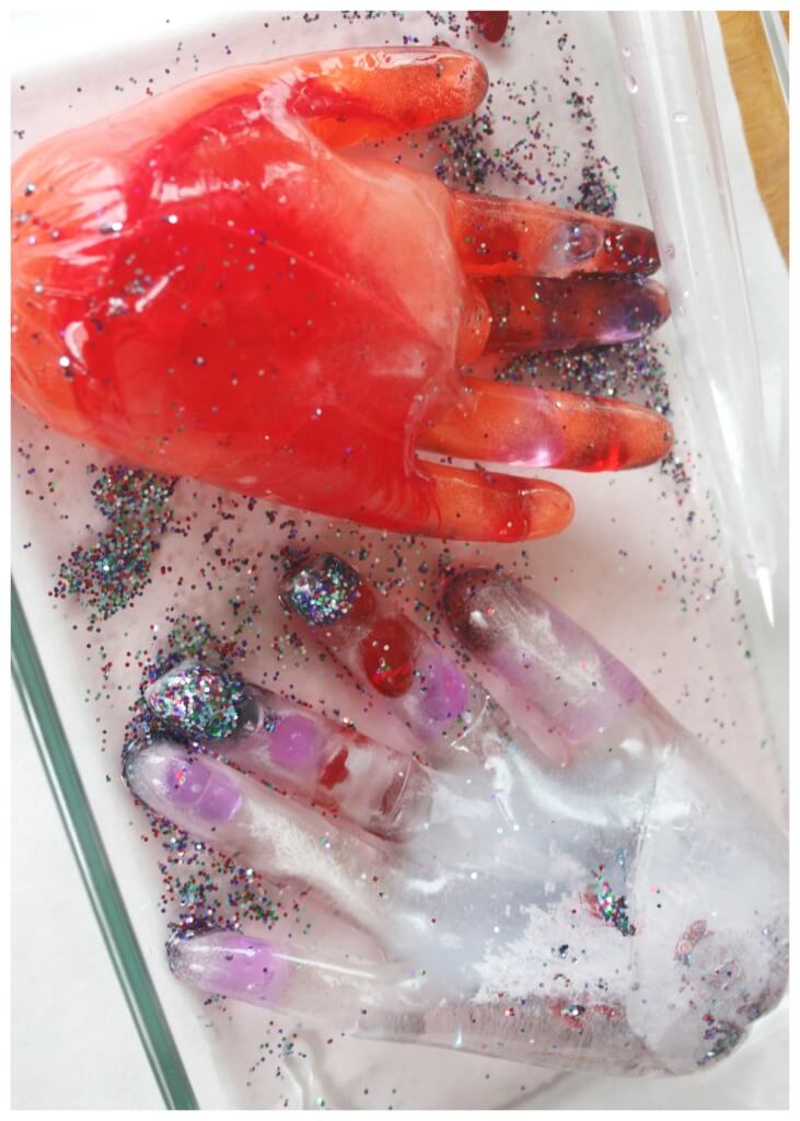 Valentines frozen hands ice melting sensory play