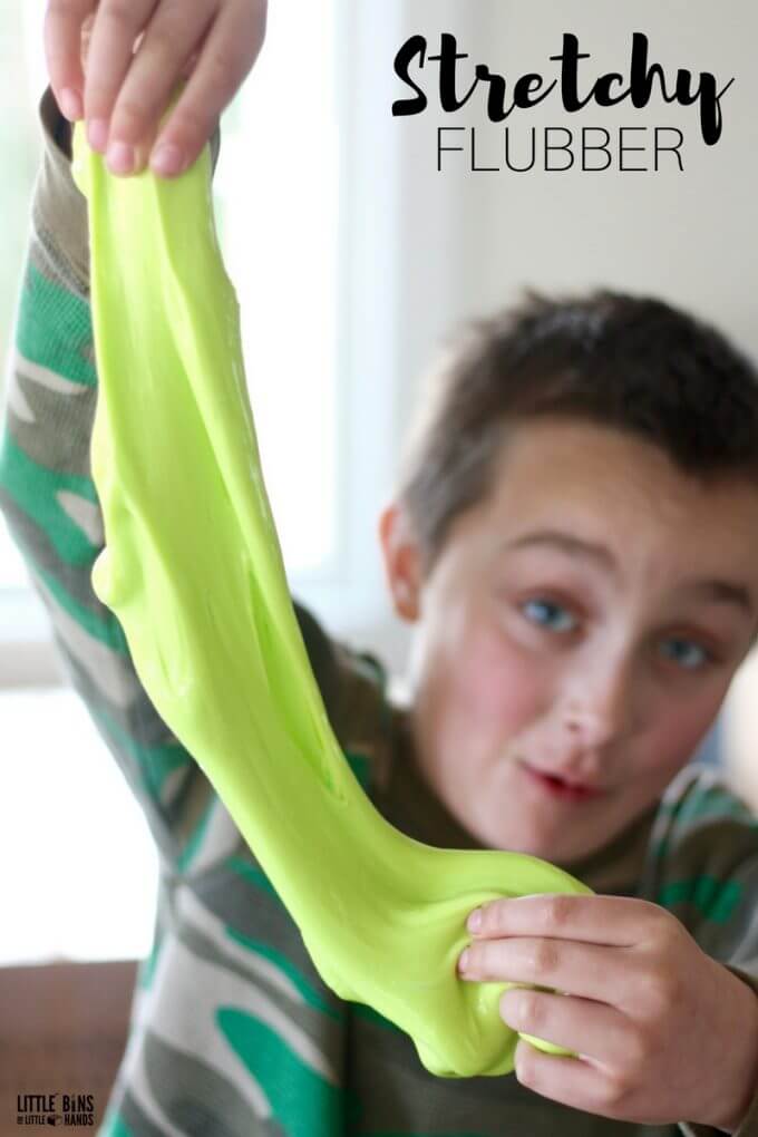 Our homemade flubber recipe is super stretchy.