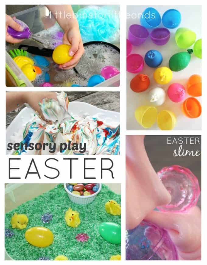 Easter Sensory Play Ideas Slime Rice Shaving Cream Texture Eggs Water Play
