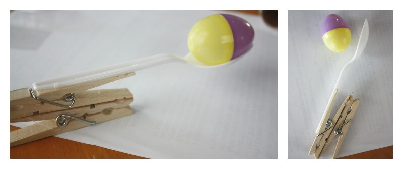 Egg Launcher made from clothes pins and spoon catapult