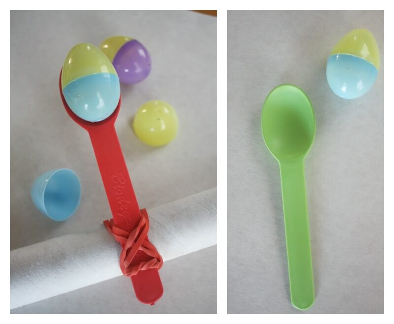 egg launchers plastic spoons rubber bands paper towel tube