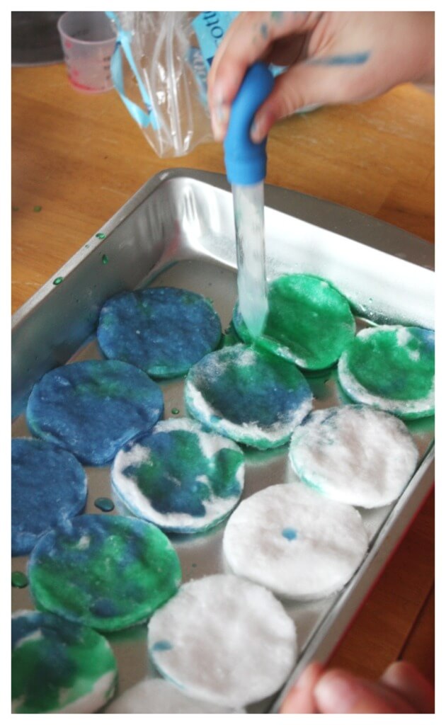 Earth Day Science Water Play Mixing Blue and Green Water with Eye Dropper