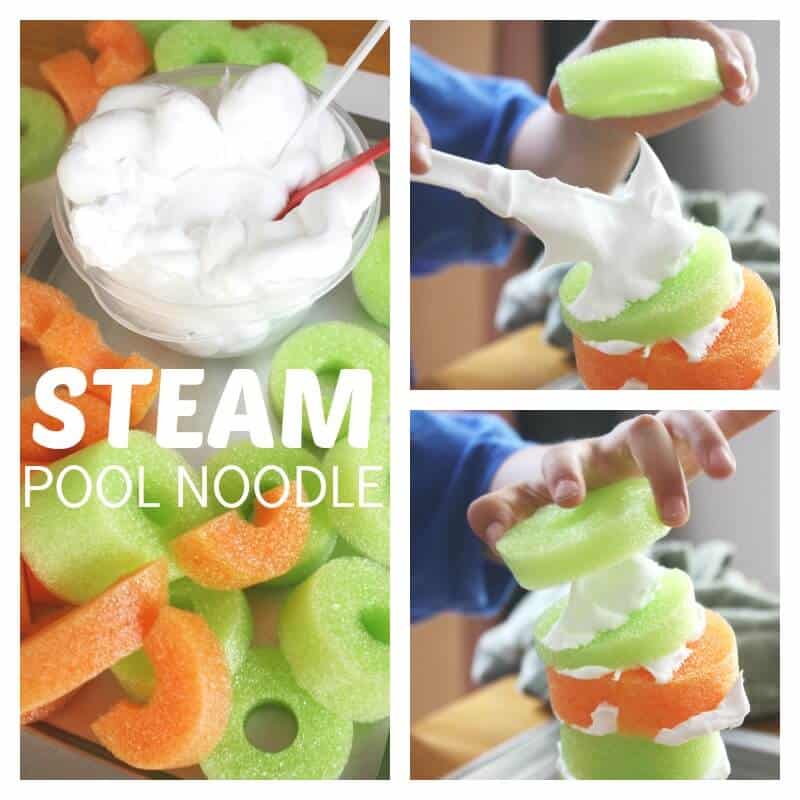 Pool Noodle STEAM activity building with shaving cream