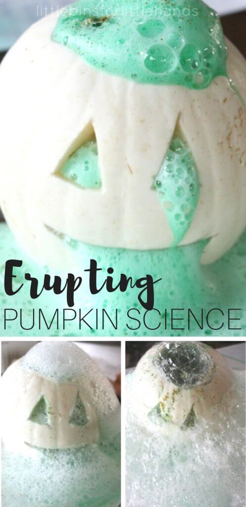We do love making things erupt around here. Pumpkins make the perfect vessel for a cool baking soda science eruption. It all began three years ago with the famous pumpkin-cano! This year we tested out mini pumpkin volcanos. Now, we can check this cool ghost pumpkin science eruption off our list.