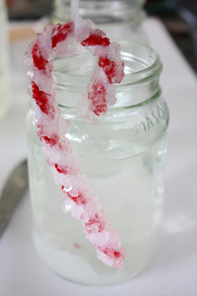 Finished Christmas Crystal Candy Cane Ornament - Check out this great science experiment for kids! They can learn how to grow crystal candy canes with a Christmas chemistry science activity! Fun experiment for kids! #STEM #science #candycane