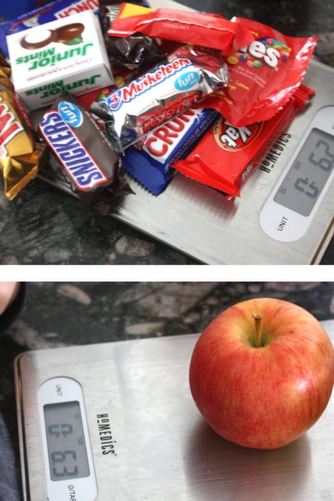 Candy math weighing an apple and comparing the amount of candy weight