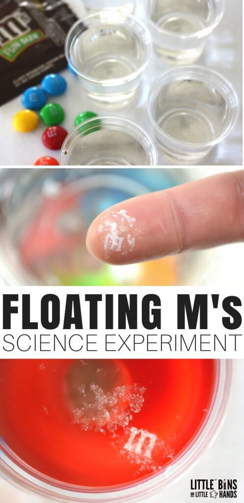 The floating M candy science experiment is easy, quick, and pretty cool! We went crazy with the candy science, candy STEM, and candy math activities this year. We have tons of holiday candy leftover, and we can totally use it for fun science and STEM instead.