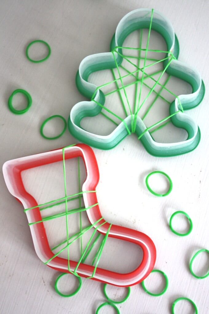 Christmas Fine Motor Activities with Cookie Cutters and Loom Bands