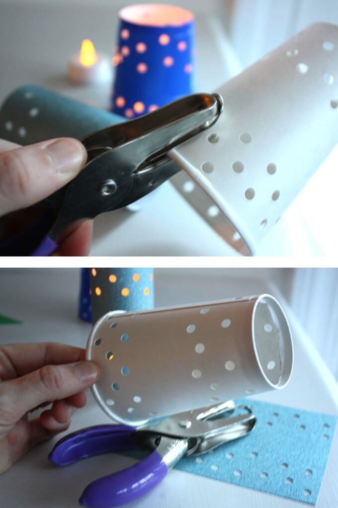 Making paper cup luminaries with hole punch