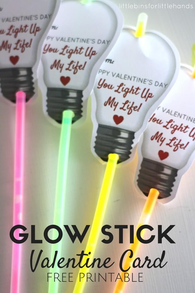Easy printable glow stick Valentines Day card for kids to make and give for a candy free Valentine activity!