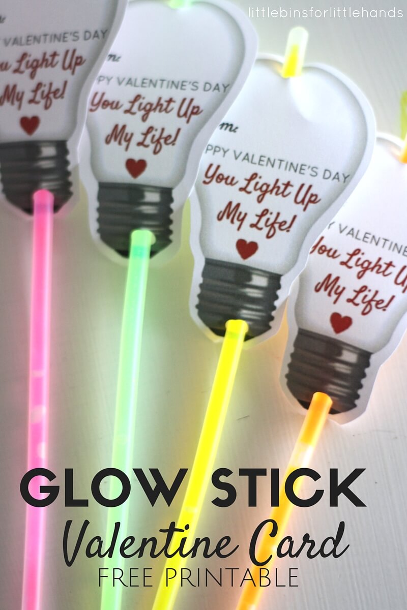 Glow Stick Valentine Candy Free Card for Kids and Free Printable