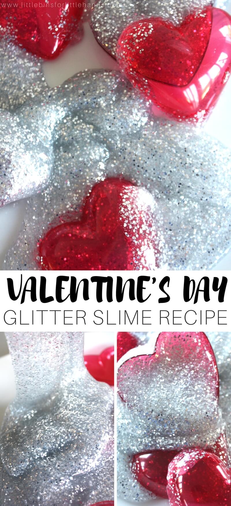 Glitter, hearts, and stretchy sparkling slime. Nothing says Valentine/s Day like a batch of homemade slime! I might be a little obsessed with the latest Valentines Day Slime! Honestly, it's because it's so easy and quick to make our  homemade slime recipes. I wanted to tinker a bit with the glue I used this time because I picked up these little bottles of glitter glue {but you don't necessarily need glitter glue} at the dollar store.