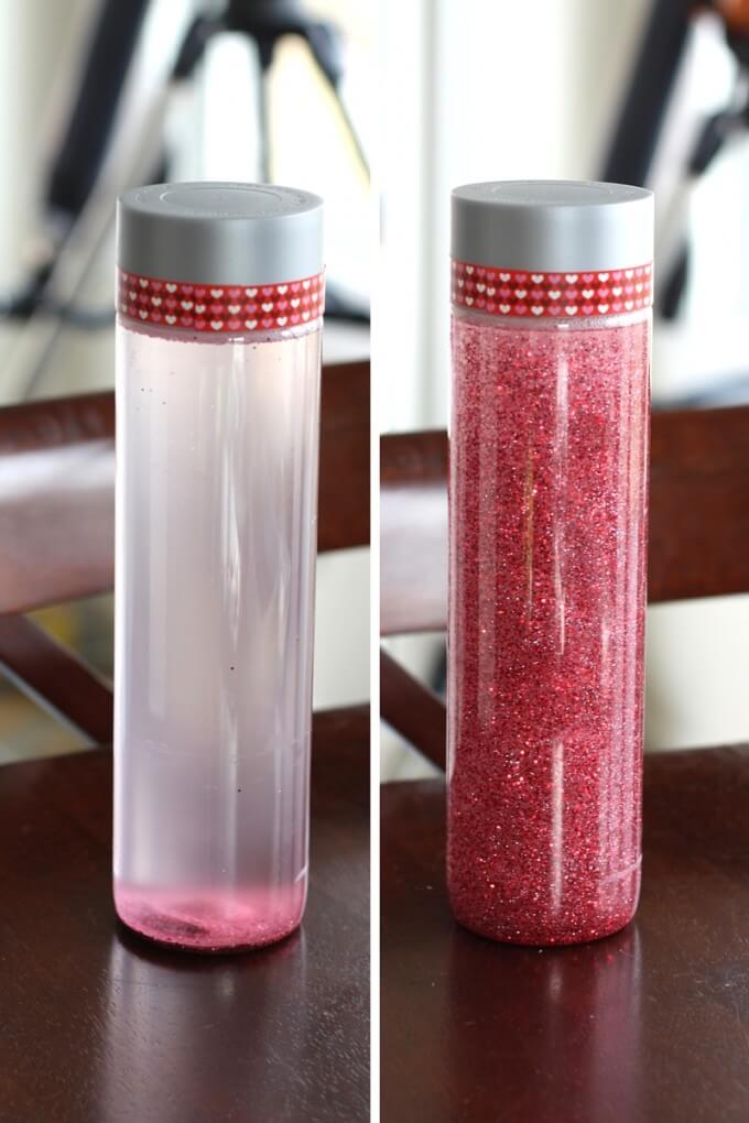 Valentines sensory bottle before and after calm down bottle for kids and adults