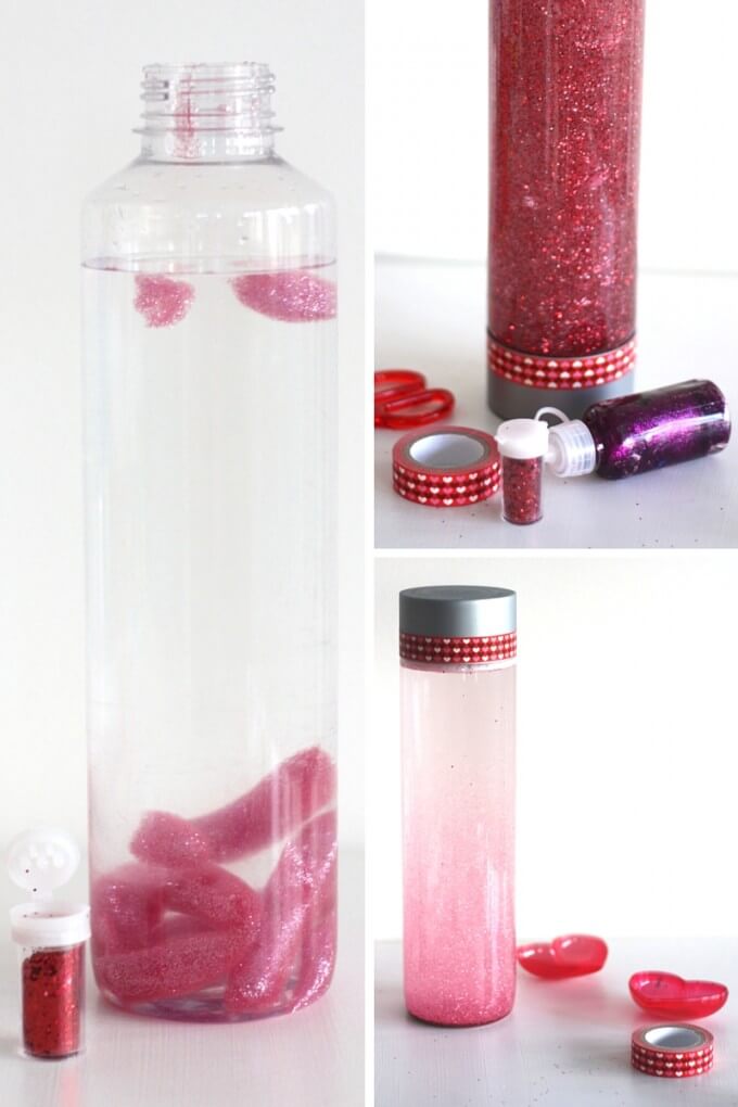Valentines sensory bottle with dollar store glitter glue