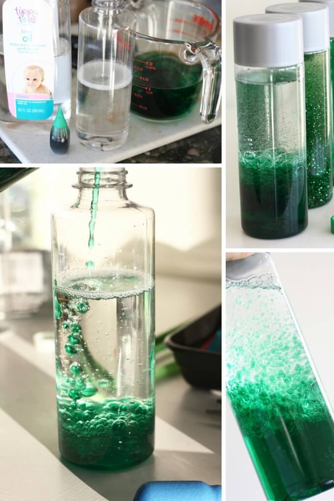 Make oil and water science discovery bottle explore density